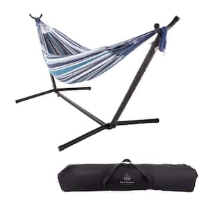 9 ft. Double Brazilian Cotton Hammock Bed with Stand in Blue Stripes