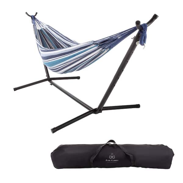 Pure Garden 9 ft. Double Brazilian Cotton Hammock Bed with Stand in Blue Stripes