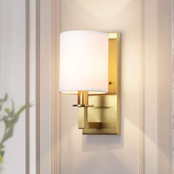 Daphne 12 in. 1-Light Modern Brushed Brass Wall Sconce Lighting with White Fabric Shade