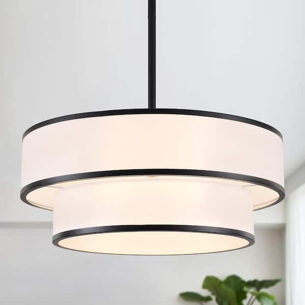 Modern 5-Light Black Drum Chandelier Large Farmhouse Pendant Light with 2-Tier with White Fabric Shade