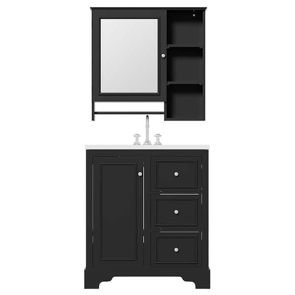 30 in. Freestanding Bath Vanity in Black with White Ceramic Single Basin Top and Mirror 3 Drawers, Adjustable Shelves