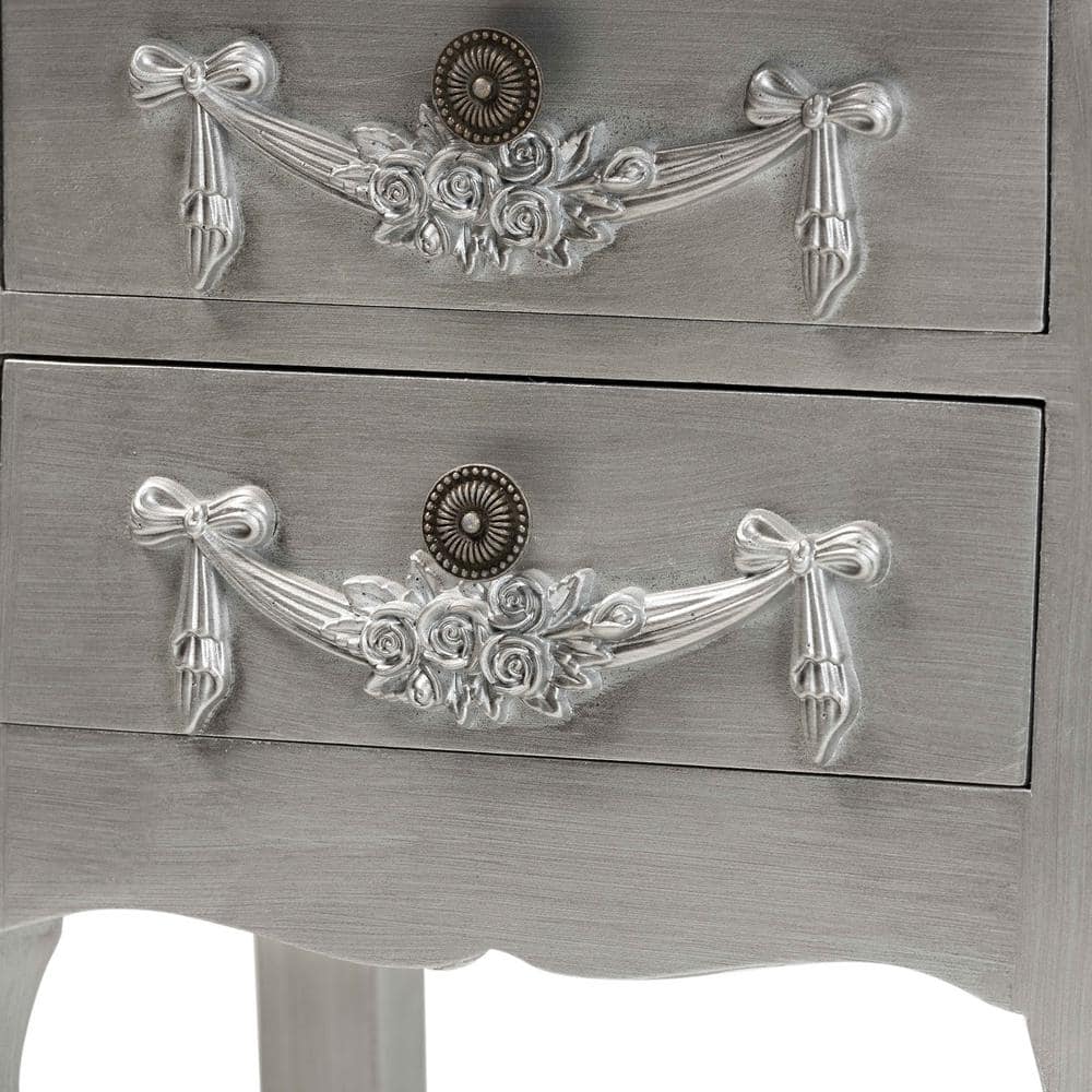 Eliya Silver Brushed Wood 2-Drawer Accent Table with Carved Details