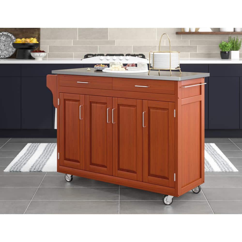 Stainless Steel Top Oak Kitchen Cart with Spice Rack