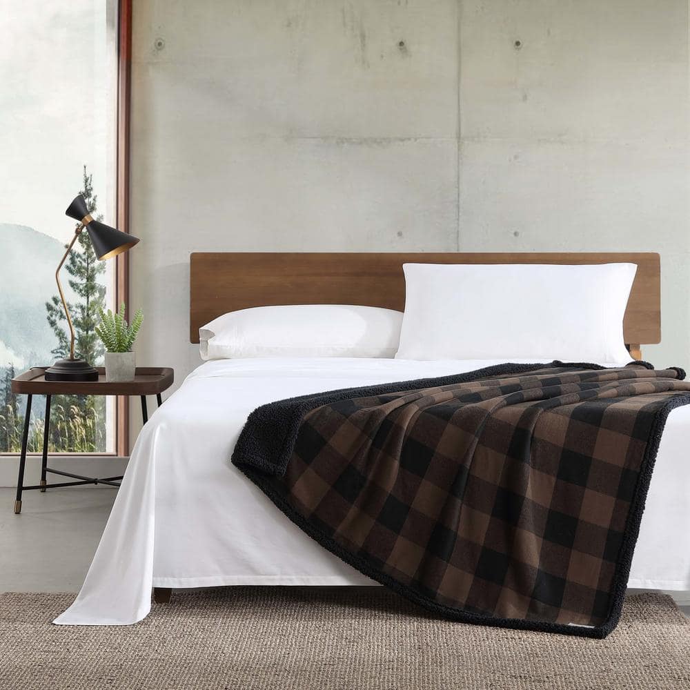 Brown Plaid Reversible Sherpa Cotton Throw Blanket