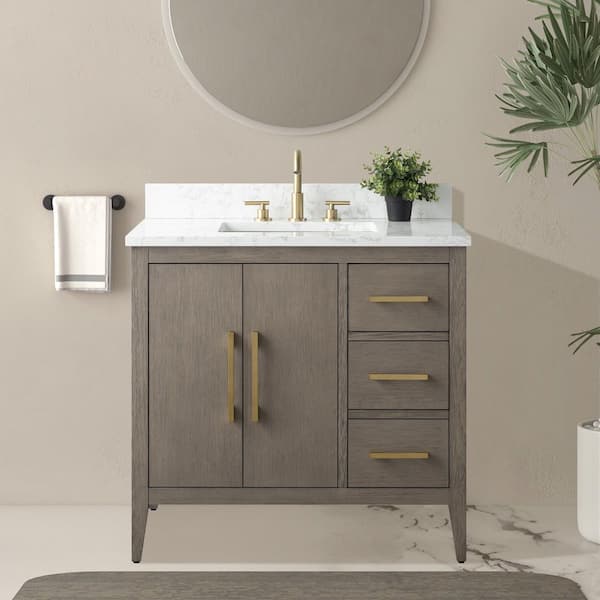 36 in. W x 22 in. D x 34 in. H Single-Sink Bath Vanity in Driftwood Gray with Engineered Marble Top in Arabescato White