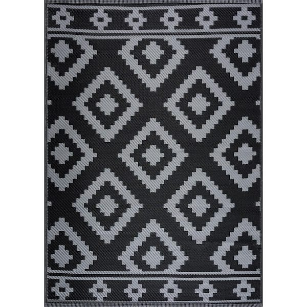 Milan Black Gray 4 ft. x 6 ft. Modern Reversible Recycled Plastic Indoor/Outdoor Area Rug-Floor Mat