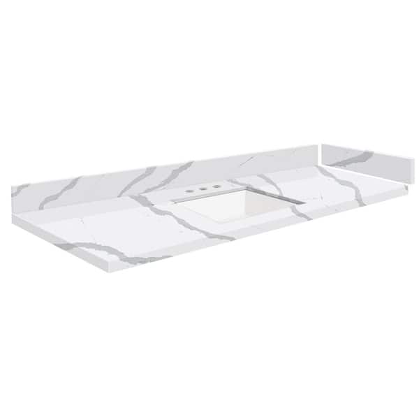 Transolid Silestone 55.25 in. W x 22.25 in. D Quartz White Rectangular Single Sink Vanity Top in Bianco Calacatta