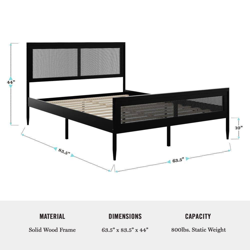 Black Queen Size Wood Platform Bed with Rattan Headboard and Footboard