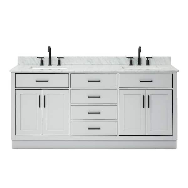 Hepburn 72 in. Double Sink Freestanding Bathroom Vanity in Gray with 0.75 in. Carrara White Marble Top
