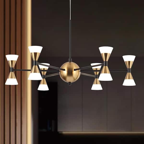 23.5 in. 12-Light Integrated LED Brass Sputnik Chandelier, Black Pendant Light, Modern Acrylic Hanging Light Fixture