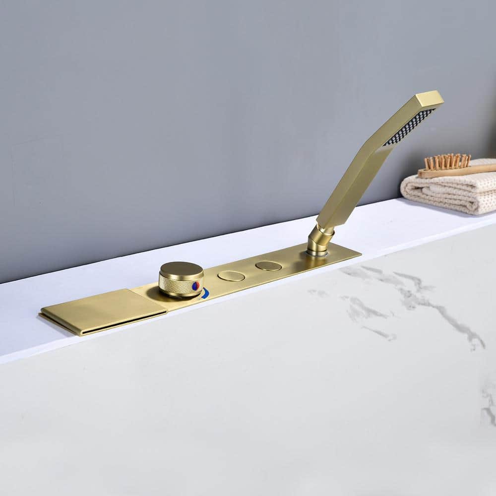 Brushed Gold Single Handle Waterfall Tub Faucet with Hand Shower