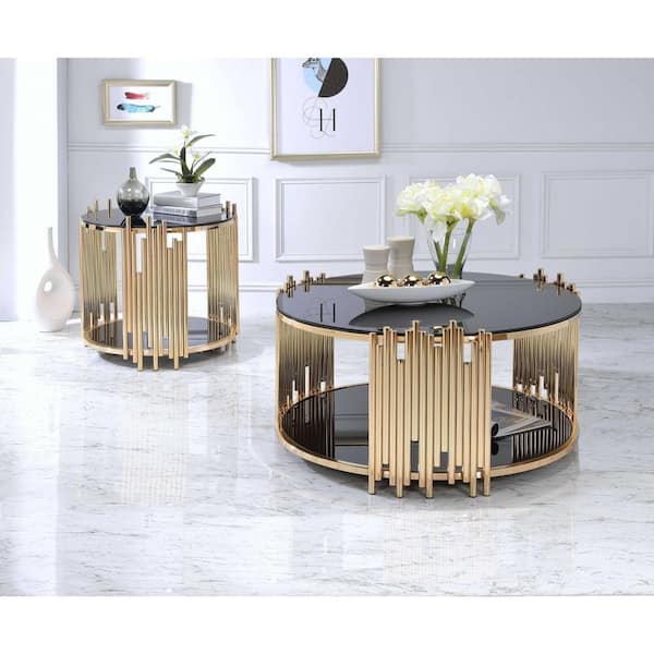 HomeRoots 25 in. Black Round Glass End Table