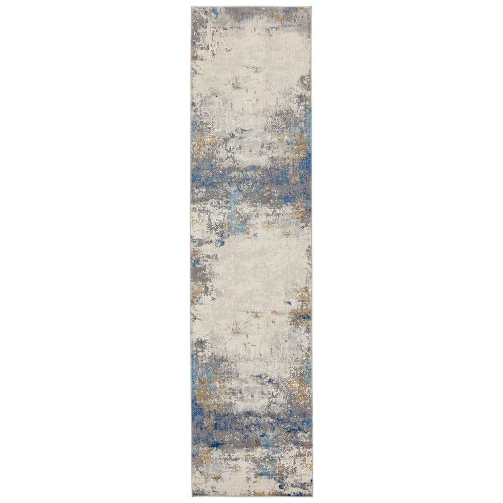 Grotto 3' x 12' Gray Blue Abstract Wool Runner Rug