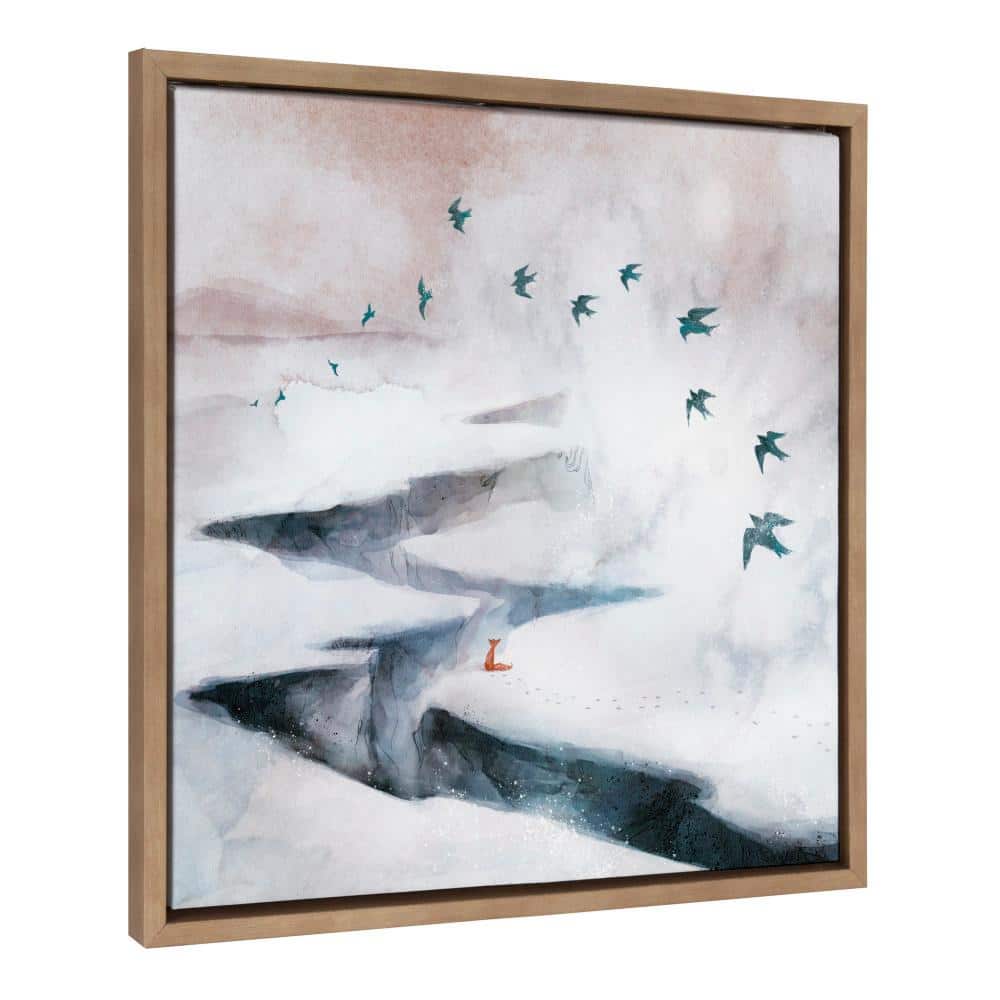 Sylvie Snow Day Fox and Birds Framed Canvas in Gold Frame