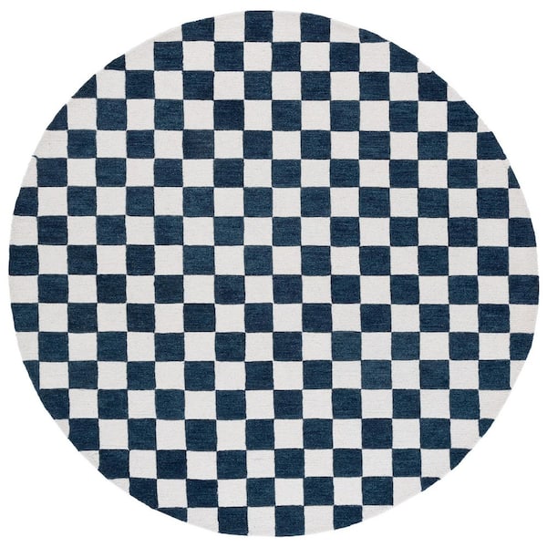 SAFAVIEH Ebony 6 ft. x 6 ft. Blue/Ivory Checkered Geometric Round Area Rug