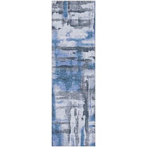Mayfield Premium Machine Washable Abstract AMF2015 Blue 2 ft. x 7 ft. Runner Rug