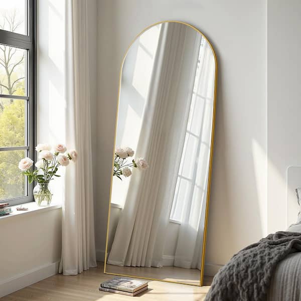 Gold 31 in. W x 71 in. H Arch Metal Full Length Mirror Freestanding Mirror Floor Mirror with Bracket Accent Wall Mirror