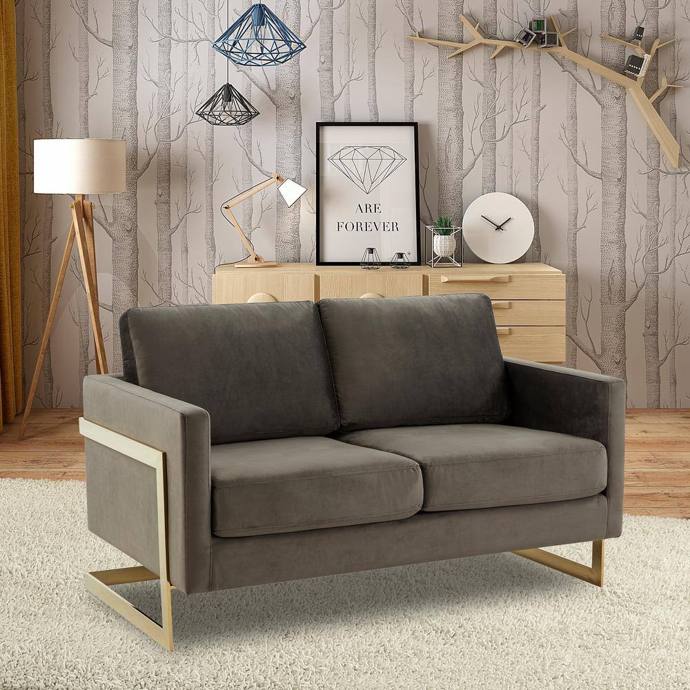 Lincoln Dark Grey Velvet Loveseat with Gold Frame
