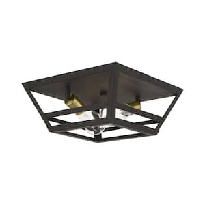 Schofield 13 in. 2-Light Bronze Flush Mount with Antique Brass Accents