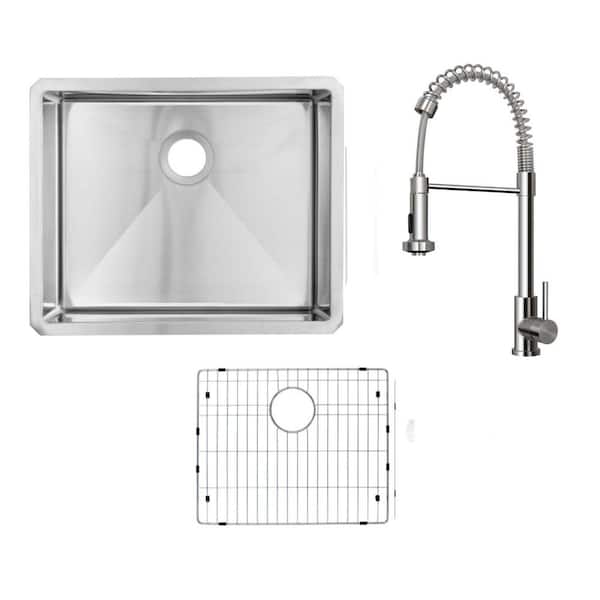 23 in. Handmade Tiny Radius Undermount Single Bowl 16-Gauge Stainless Steel Kitchen Sink with Pull-Down Kitchen Faucet