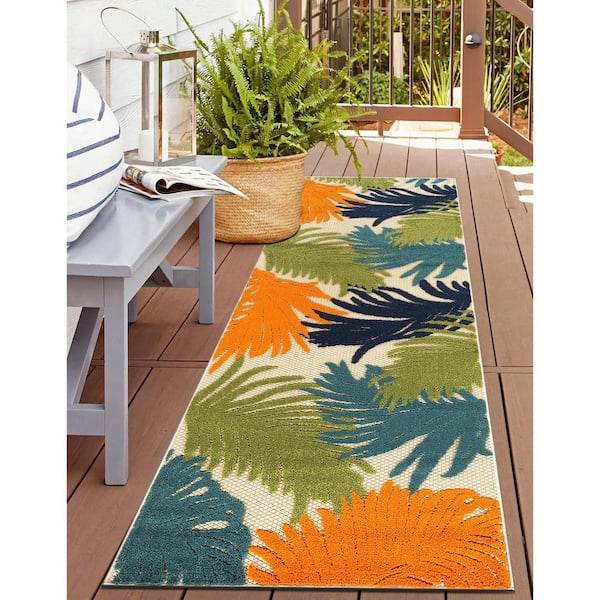 Contemporary Tropical Large Floral Multi 2 ft. 7 in. x 8 ft. Indoor/Outdoor Runner Rug