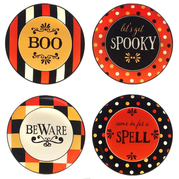 Certified International Spooky Halloween Assorted Colors Canape Dessert Plates (Set of 4)