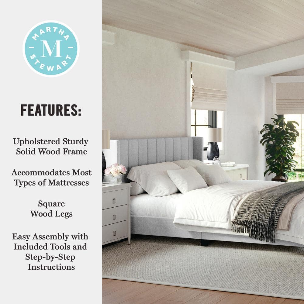 Gray King Upholstered Platform Bed with Linen Wingback Headboard