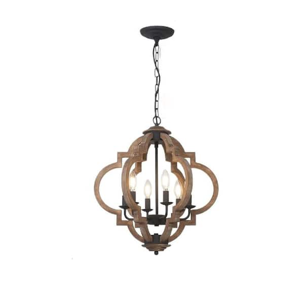 6-Light Boho Wood Black Hanging Pendant Lights Chandelier Rustic Dining Room Light Fixture Over Table, No Bulbs Included