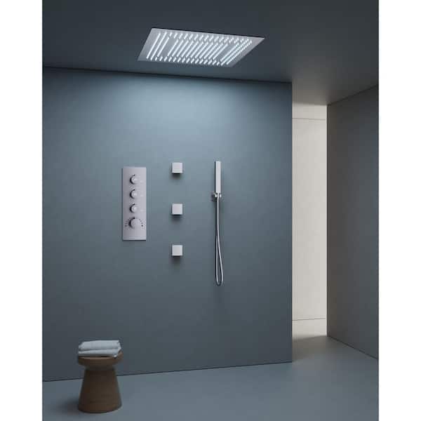 7-Spray 20 in. Ceiling Mount LED Fixed and Handheld Shower Head 2.5 GPM with 3-Jets in Brushed Nickel(Valve Included)