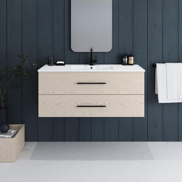 VOLPA USA AMERICAN CRAFTED VANITIES Napa 48 in. W x 18 in. D Single Sink Bathroom Vanity Wall Mounted In Natural Oak with Ceramic Integrated Countertop