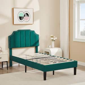 Upholstered Bed Green Metal Plus Wood Frame Twin Platform Bed with Tufted Adjustable Headboard/Mattress Foundation
