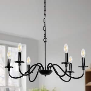 6-Light Black Rustic Industrial Iron Candle Chandelier for Dining Room and Living Room