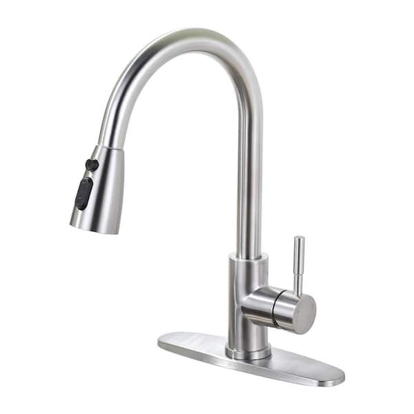 VEVETTA 15 in. Deck-Mount Single-Handle 360° Pull-Down Sprayer Kitchen Faucet in Brushed Nickel