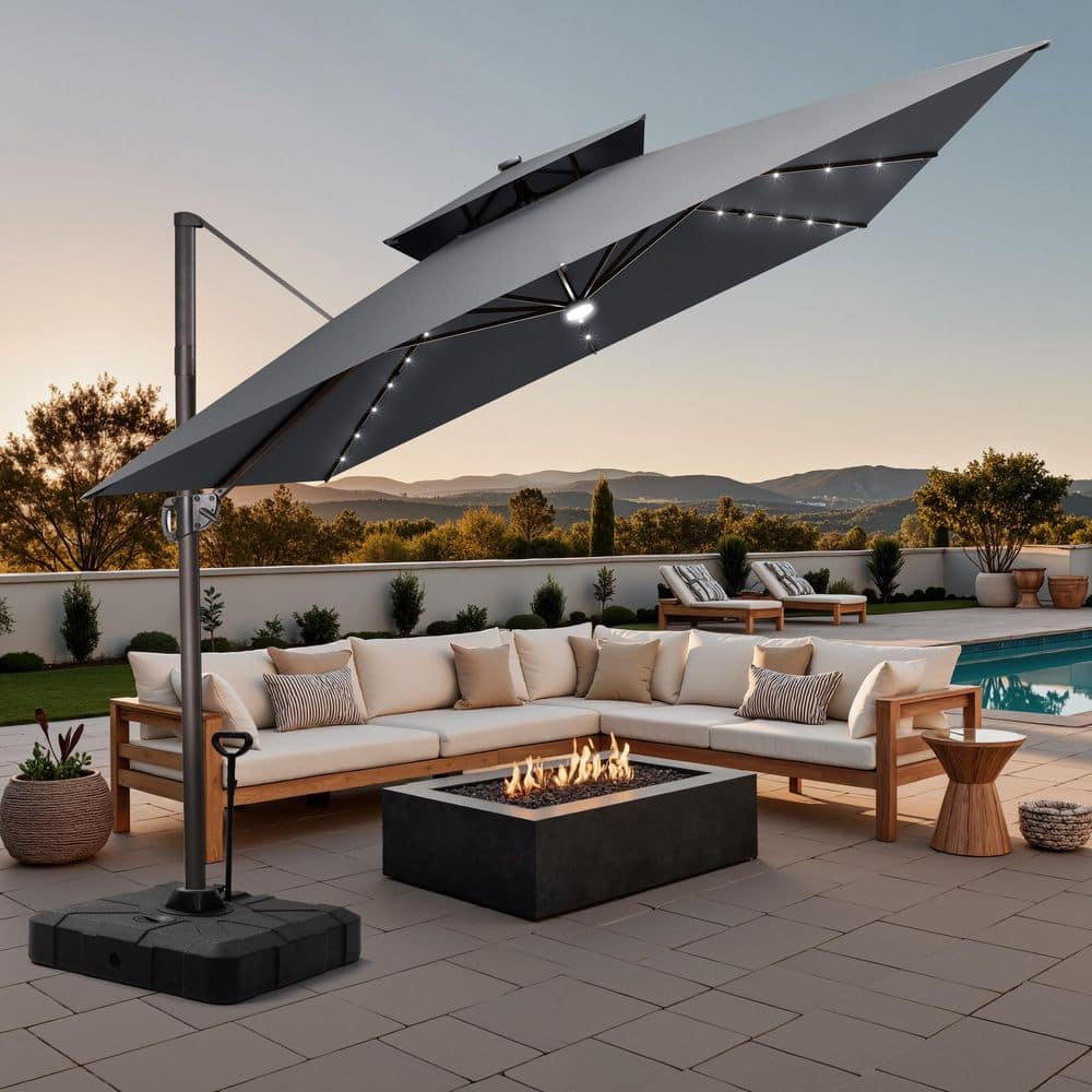 2-Tier 11 ft. Square Outdoor Solar LED Lighted Tilt Offset Cantilever Patio Umbrella in Gray with 300 lbs. HDPE Base price history on PriceWatchPro