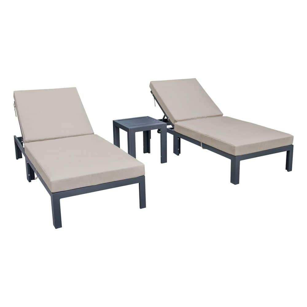 Leisuremod Chelsea Modern Black Aluminum Outdoor Patio Chaise Lounge Chair with Side Table and Beige Cushions (Set of 2)