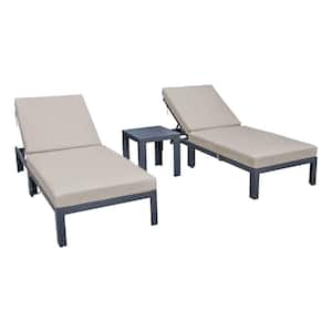 Chelsea Modern Black Aluminum Outdoor Patio Chaise Lounge Chair with Side Table and Beige Cushions (Set of 2)