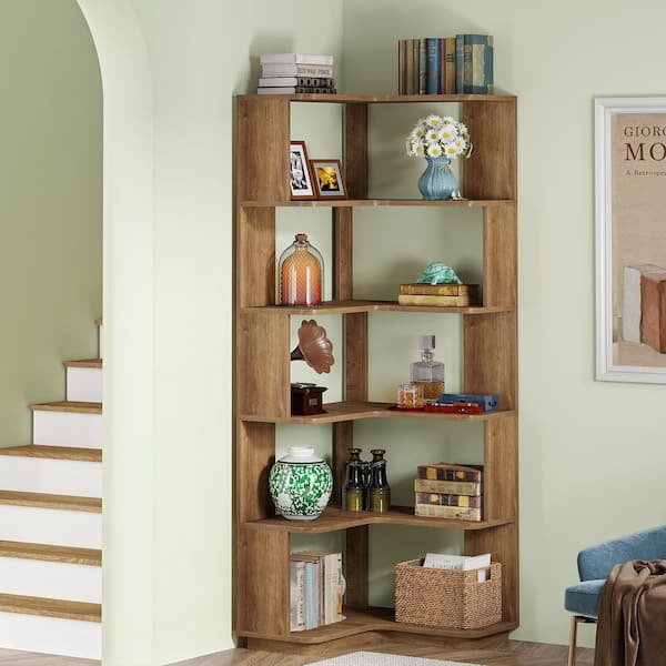 Jannelly 65 in. Tall Light Brown Engineered Wood 6-Shelf Corner Standard Bookcase Bookshelf with Anti-Drop Panel