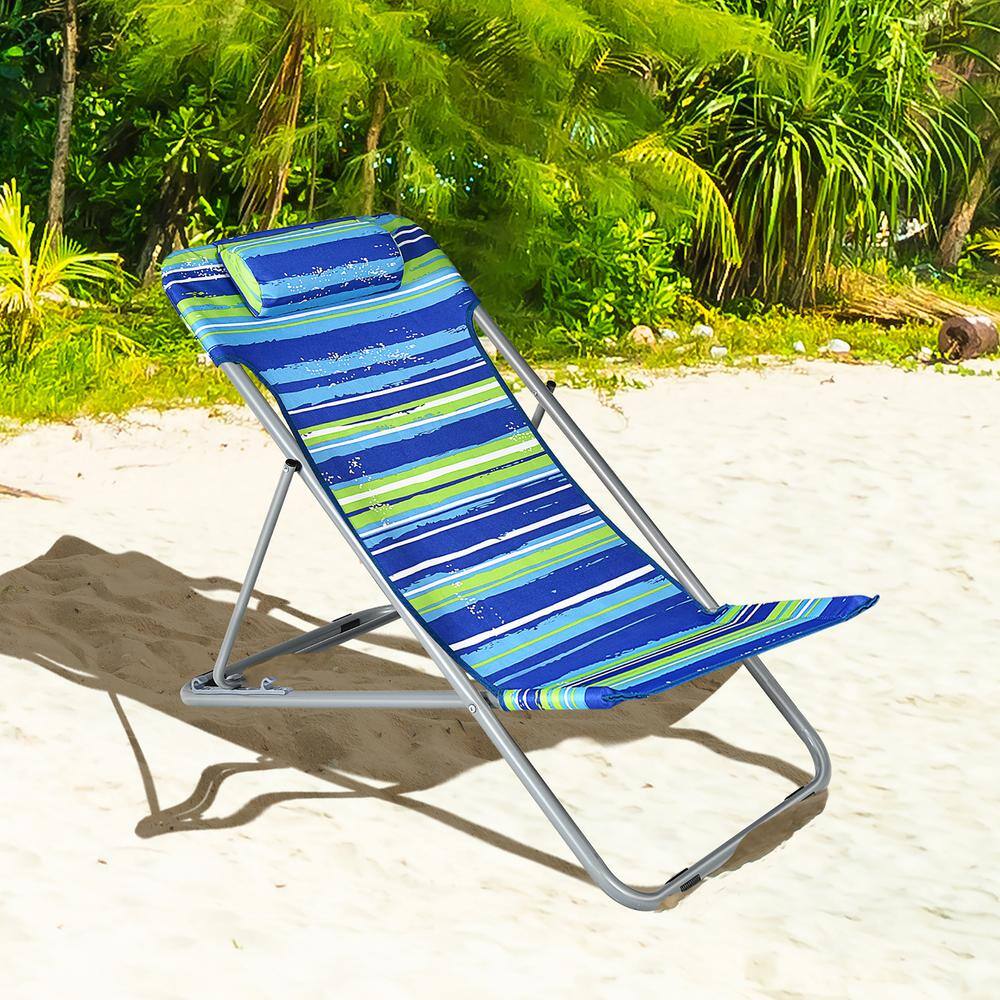 Blue Striped Folding Armless Camping Beach Chairs with Headrest, Set of 2