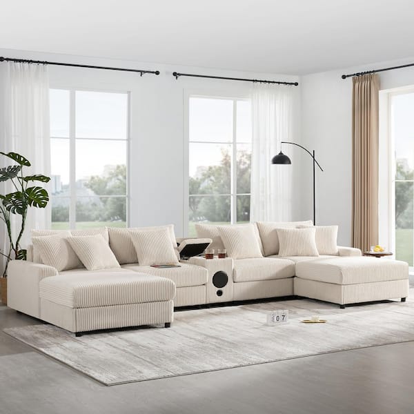 144 in. Corduroy U-Shaped Sectional Sofa in Cream with 2-Ottomans, Bluetooth Speakers, Console, USB Charger