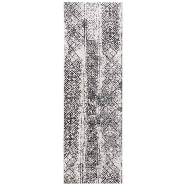 Adirondack 3 ft. x 14 ft. Silver/Black Border Striped Runner Rug