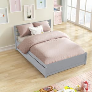 Gray Full Size Wood Kids Platform Bed with Trundle, Wooden Platform Bed Frame with Headboard and Wood Support Slats