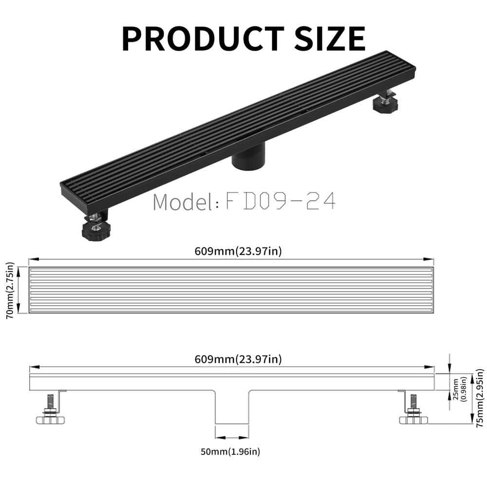 24" Matte Black Stainless Steel Linear Shower Drain