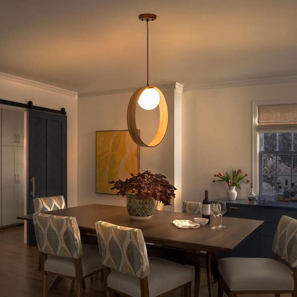 12 in. 1-Light Modern Walnut Oval Globe Pendant Light with White Glass Shade for Dining Room, Kitchen Island