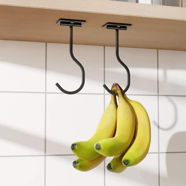 Stainless Steel Banana Hook with Under Cabinet, Foldable, Adhesive for Kitchen Storage, Mug Hook, Bananas, Black(1-Pack)