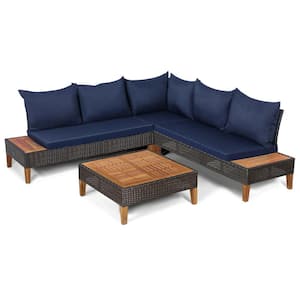 4-Piece Acacia Wood Wicker Patio Furniture Set Rattan Conversation Set with Navy Cushions