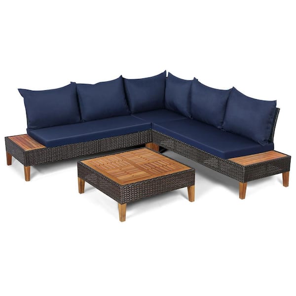 Gymax 4-Piece Acacia Wood Wicker Patio Furniture Set Rattan Conversation Set with Navy Cushions