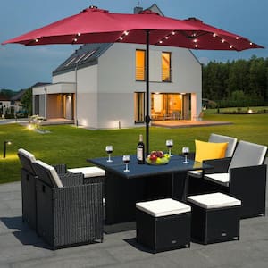 15 ft. Steel Market Solar Patio Umbrella in Red with LED Lights and Base Stand