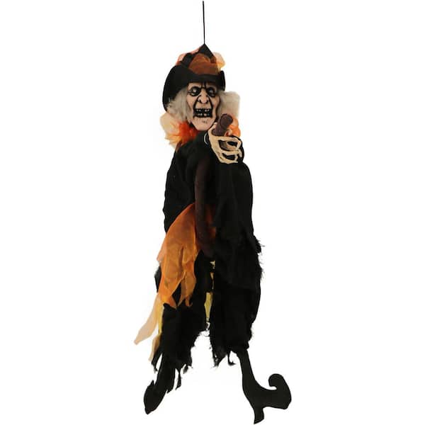 Haunted Hill Farm 30 in. Battery Operated Poseable Animatronic Hanging Witch with Red LED Eyes Halloween Prop