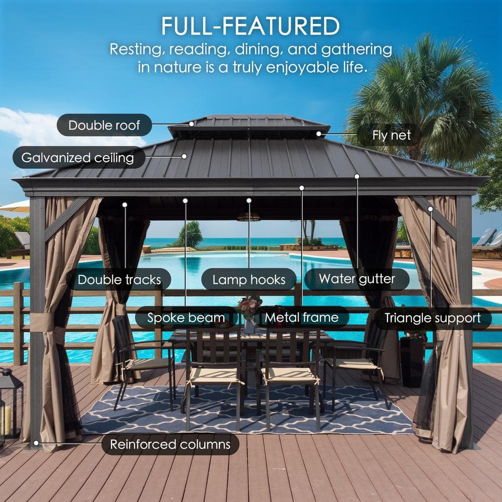Alexander 12' x 16' Gray Aluminum Hardtop Gazebo with Curtains