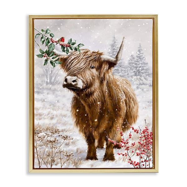 Stupell Industries Cattle with Winter Berries by Ian Saxton 1 Piece Floater Frame Graphic Print Animal Poster Art Print 21 in. x 17 in.